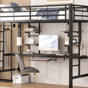 Hoogslaper 90 x 200 cm met bureau en 2 planken voor kinderen - metaal en hout - zwart + eiken