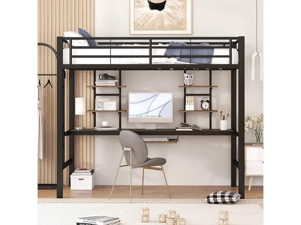 Hoogslaper 90 x 200 cm met bureau en 2 planken voor kinderen - metaal en hout - zwart + eiken