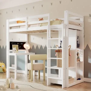 Hoogslaper 90 x 200 cm voor kinderen met bureau, kledingkast en planken - Grenenhout en MDF - Wit