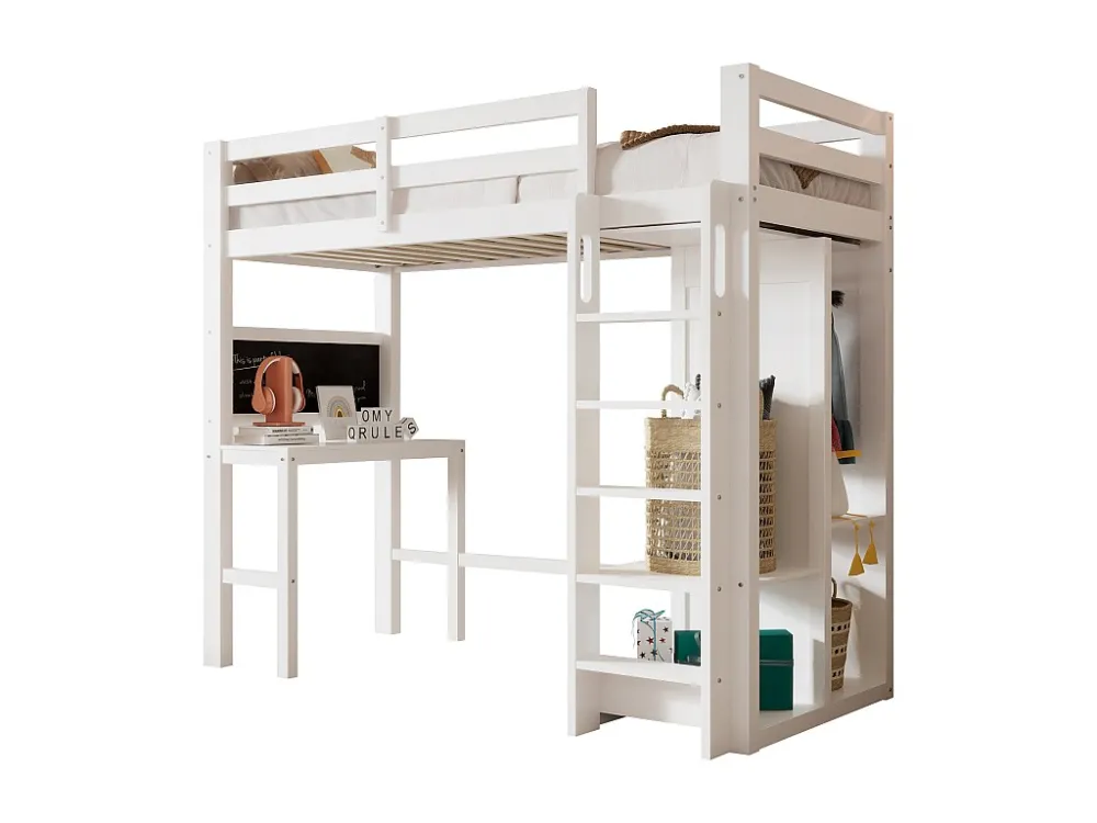 Hoogslaper 90 x 200 cm voor kinderen met bureau, kledingkast en planken - Grenenhout en MDF - Wit
