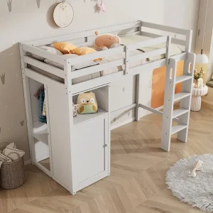 Hoogslaper 90 x 200 cm voor kinderen met kledingkast en planken - Grenenhout en MDF - Wit