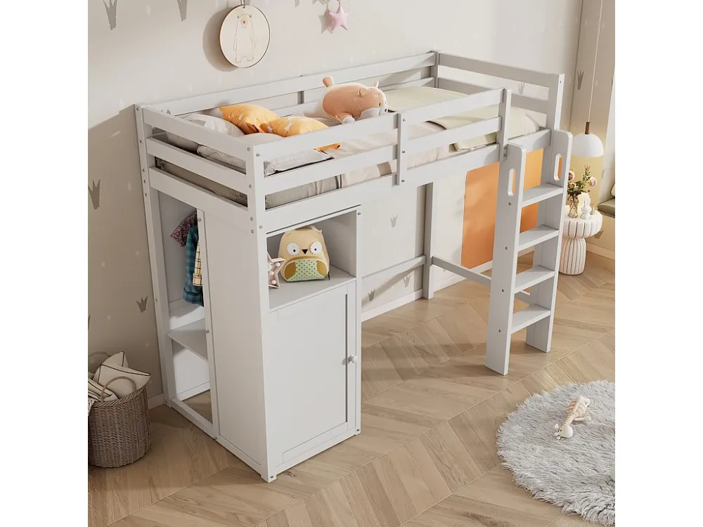 Hoogslaper 90 x 200 cm voor kinderen met kledingkast en planken - Grenenhout en MDF - Wit
