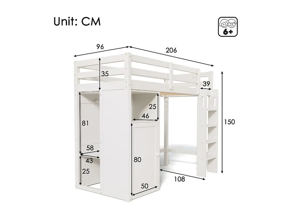 Hoogslaper 90 x 200 cm voor kinderen met kledingkast en planken - Grenenhout en MDF - Wit