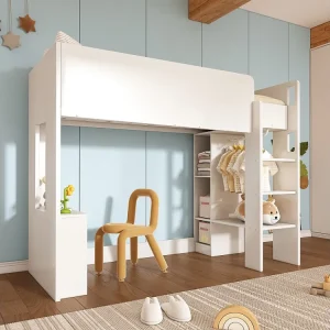 Hoogslaper 90 x 200 voor kinderen, 3 1 multifunctioneel bed met kledingkast, open planken en trap, spaanplaat, Wit