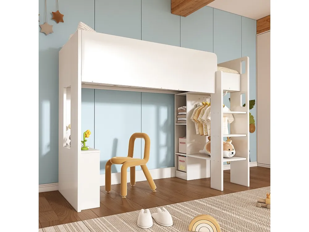 Hoogslaper 90 x 200 voor kinderen, 3 1 multifunctioneel bed met kledingkast, open planken en trap, spaanplaat, Wit