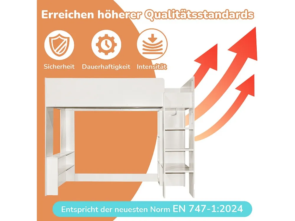 Hoogslaper 90 x 200 voor kinderen, 3 1 multifunctioneel bed met kledingkast, open planken en trap, spaanplaat, Wit