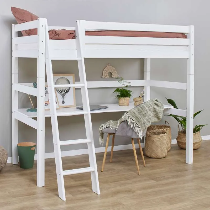 Hoppekids ECO Kostbaar - Højseng m. Bordplade - 90x200 cm. - Skrå Stige - Hvid
