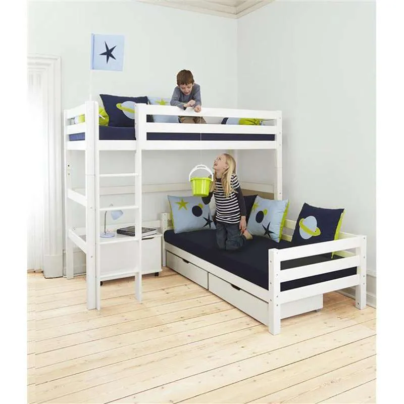 Hoppekids ECO Verfijnd - Stapelbed - 90x200 cm. - Hoekcombinatie - Rechte Ladder - Flexibele Inlegbodem - Wit