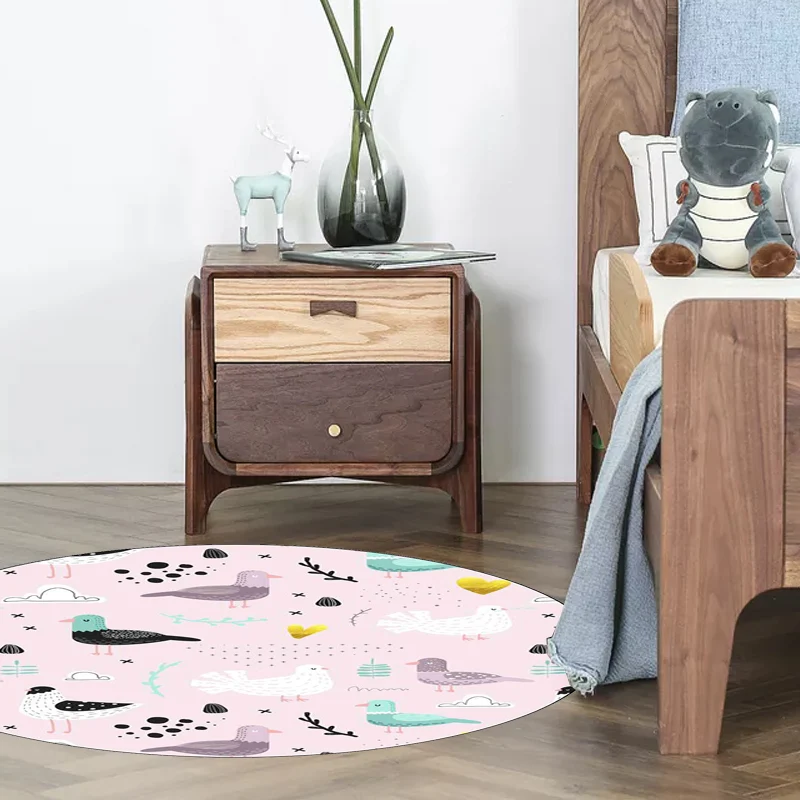 Kids Bedroom Rug Fuchsia Animal Bird Leaf Print Rug Polyester Washable Non-Slip Area Rug Pink