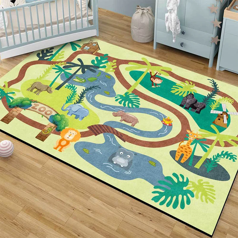 Kids Zoo Pattern Rug Animal Cappuccino Polyester Rug Non-Slip Pet Friendly Washable Are Rug child's room Green