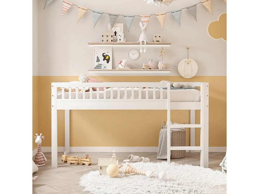 Kinderbed 90x200 cm massief hout - met veiligheidsladder - Wit