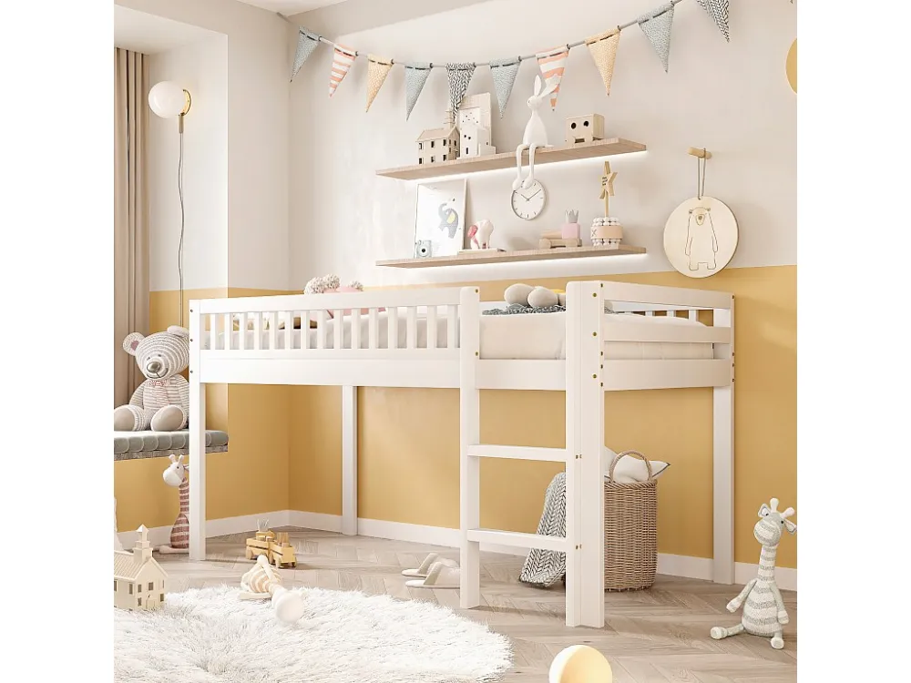 Kinderbed 90x200 cm massief hout - met veiligheidsladder - Wit