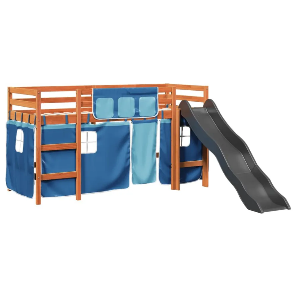 Kinderhoogslaper met gordijnen 80x200 cm grenenhout blauw