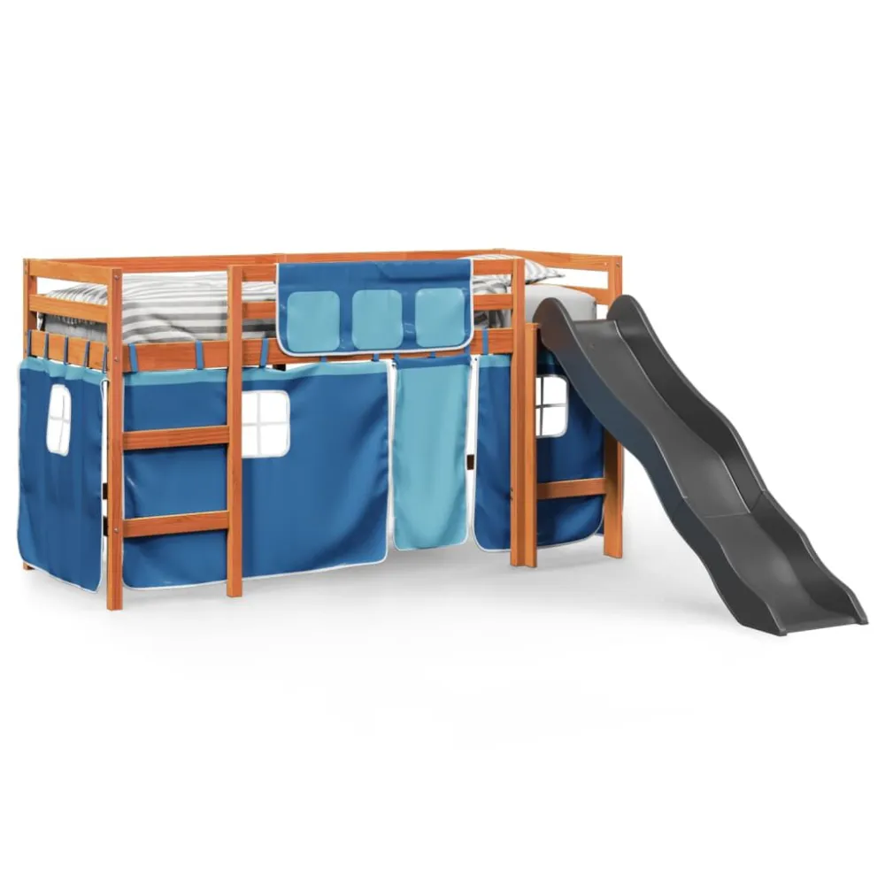 Kinderhoogslaper met gordijnen 80x200 cm grenenhout blauw