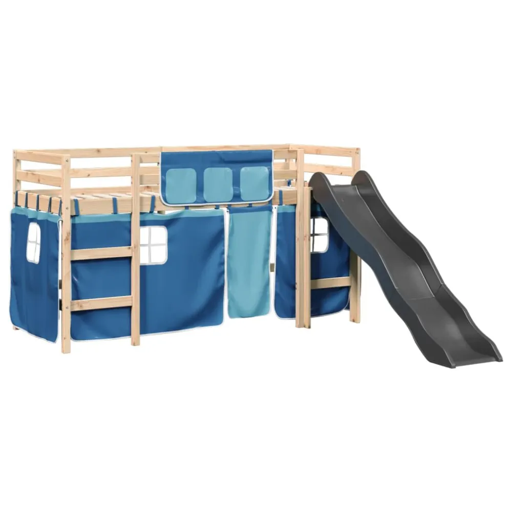 Kinderhoogslaper met gordijnen 80x200 cm grenenhout blauw