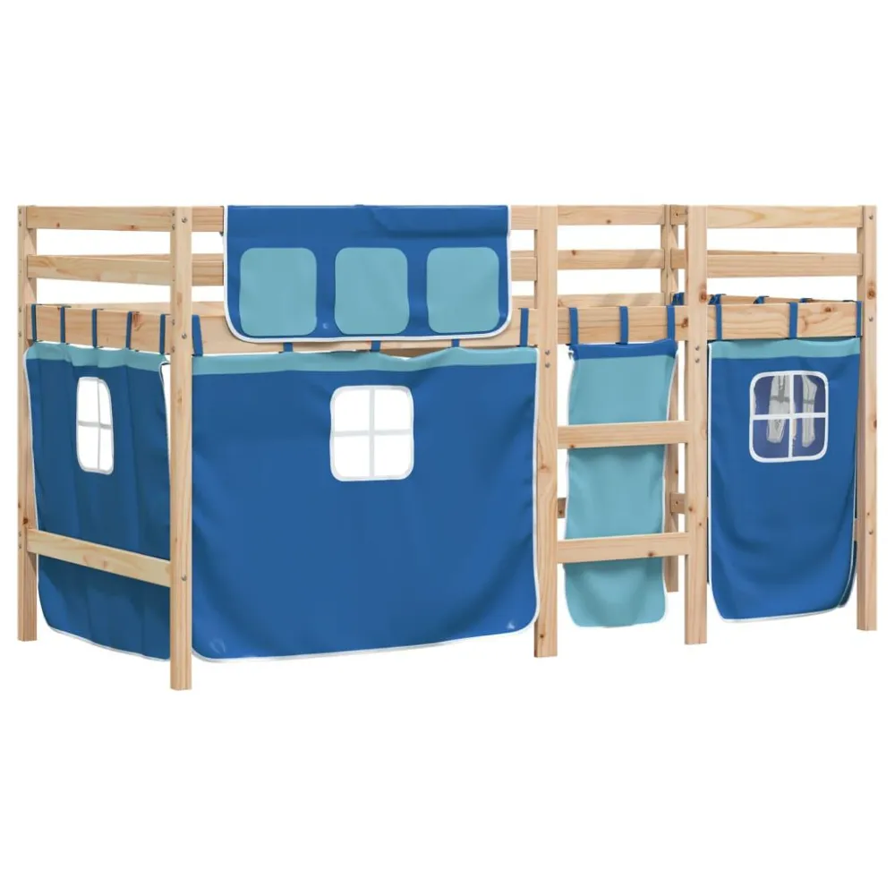 Kinderhoogslaper met gordijnen 80x200 cm grenenhout blauw