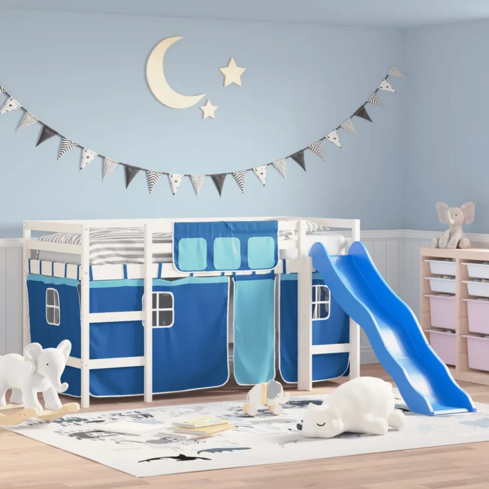 Kinderhoogslaper met gordijnen 80x200 cm grenenhout blauw