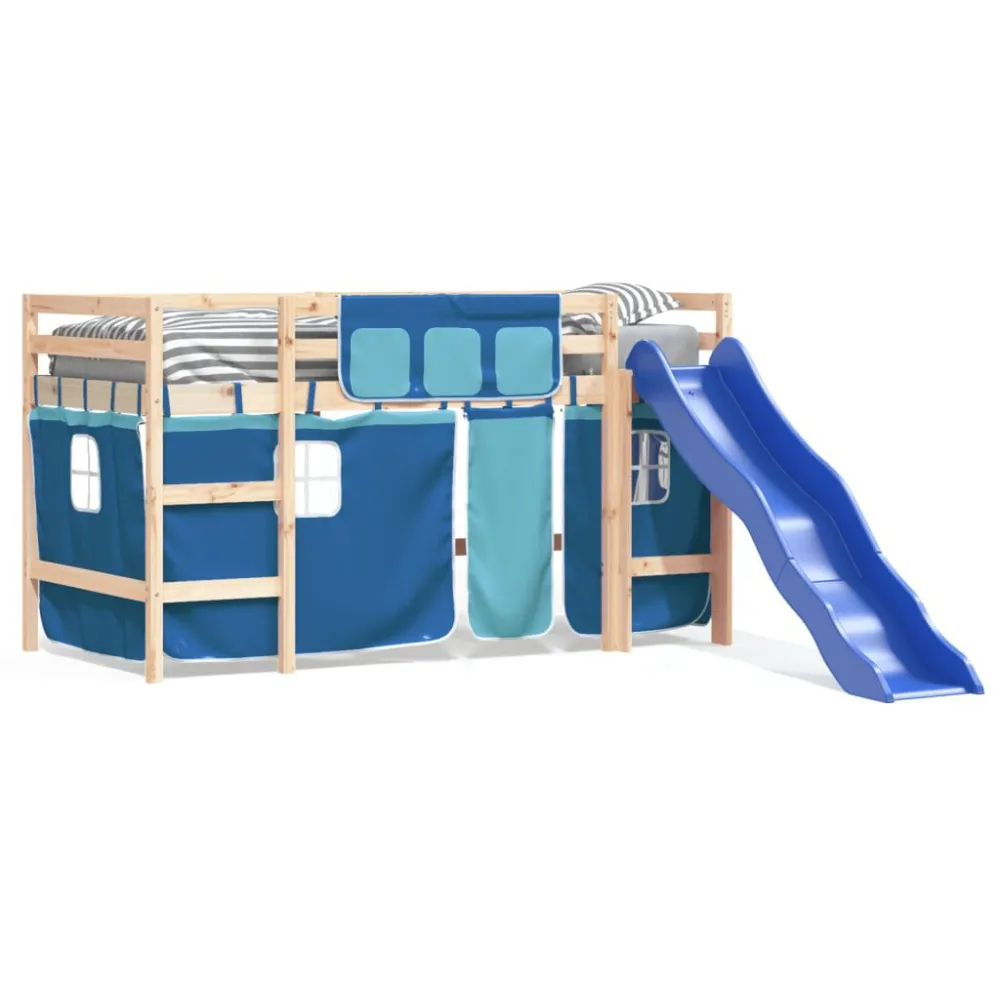 Kinderhoogslaper met gordijnen 80x200 cm grenenhout blauw