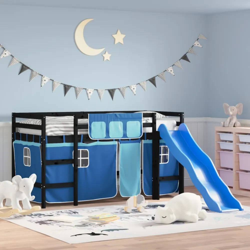 Kinderhoogslaper met gordijnen 80x200 cm grenenhout blauw