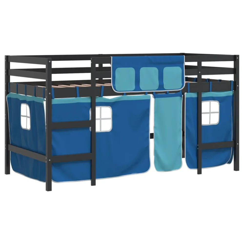 Kinderhoogslaper met gordijnen 80x200 cm grenenhout blauw