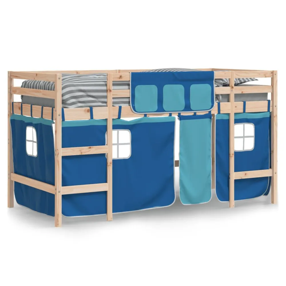 Kinderhoogslaper met gordijnen 80x200 cm grenenhout blauw