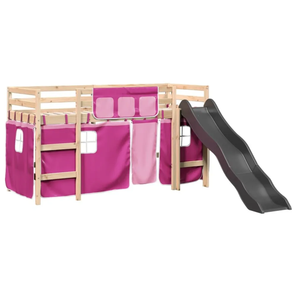 Kinderhoogslaper met gordijnen 80x200 cm grenenhout roze