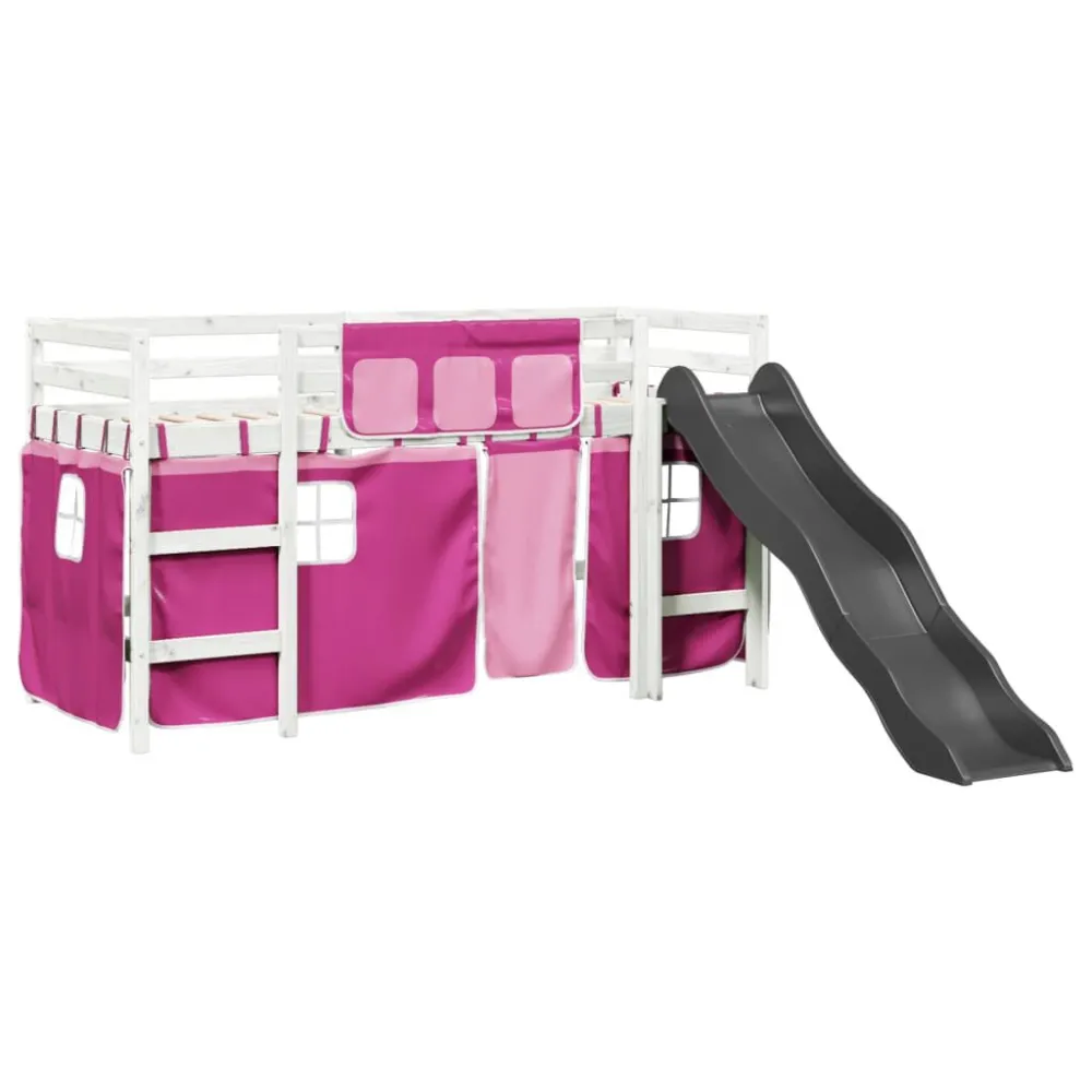 Kinderhoogslaper met gordijnen 80x200 cm grenenhout roze
