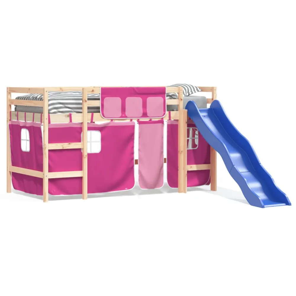 Kinderhoogslaper met gordijnen 80x200 cm grenenhout roze