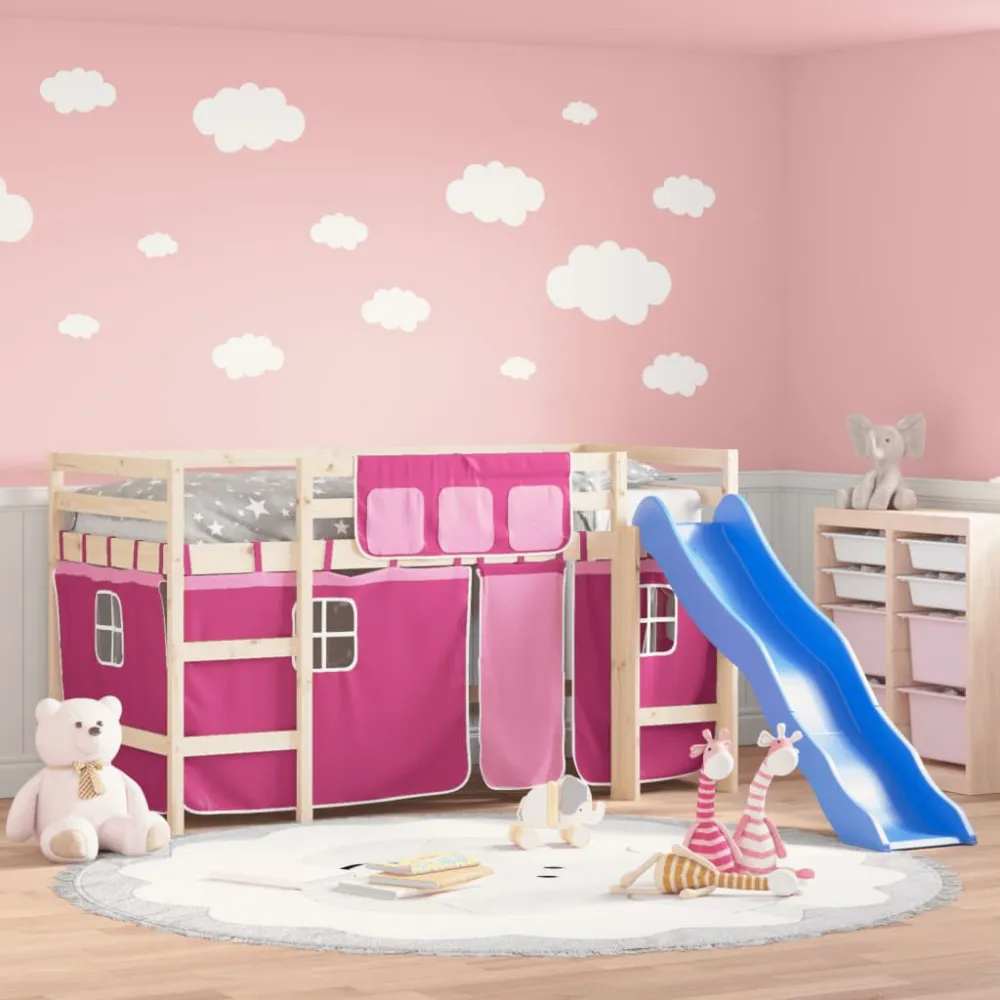 Kinderhoogslaper met gordijnen 80x200 cm grenenhout roze