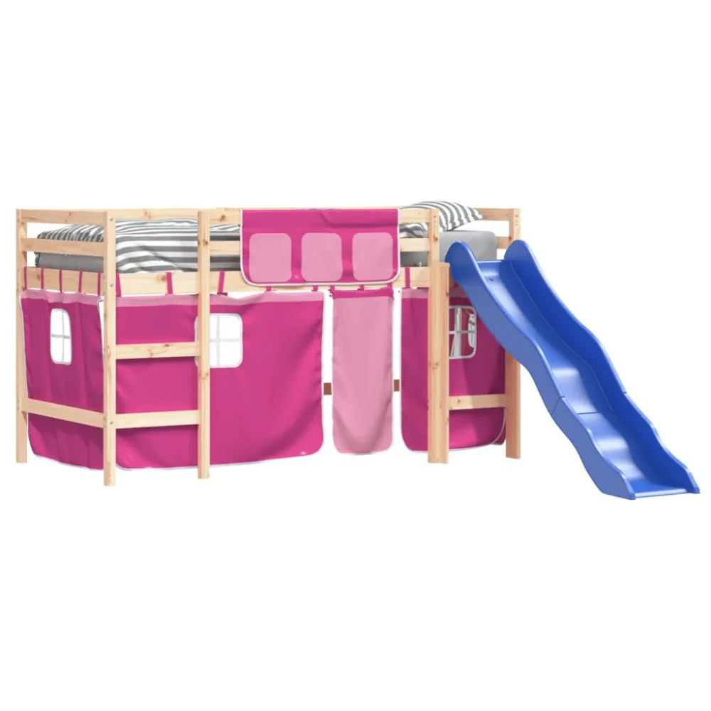 Kinderhoogslaper met gordijnen 80x200 cm grenenhout roze