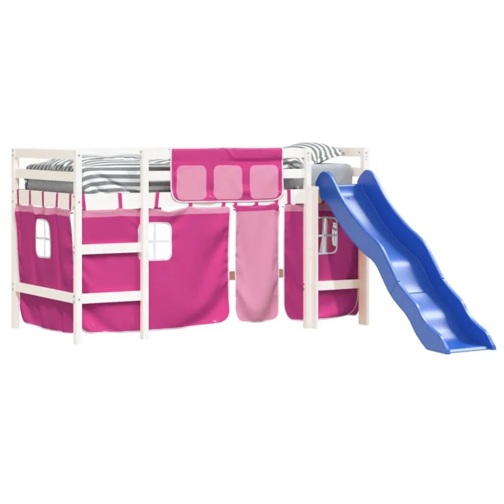 Kinderhoogslaper met gordijnen 80x200 cm grenenhout roze
