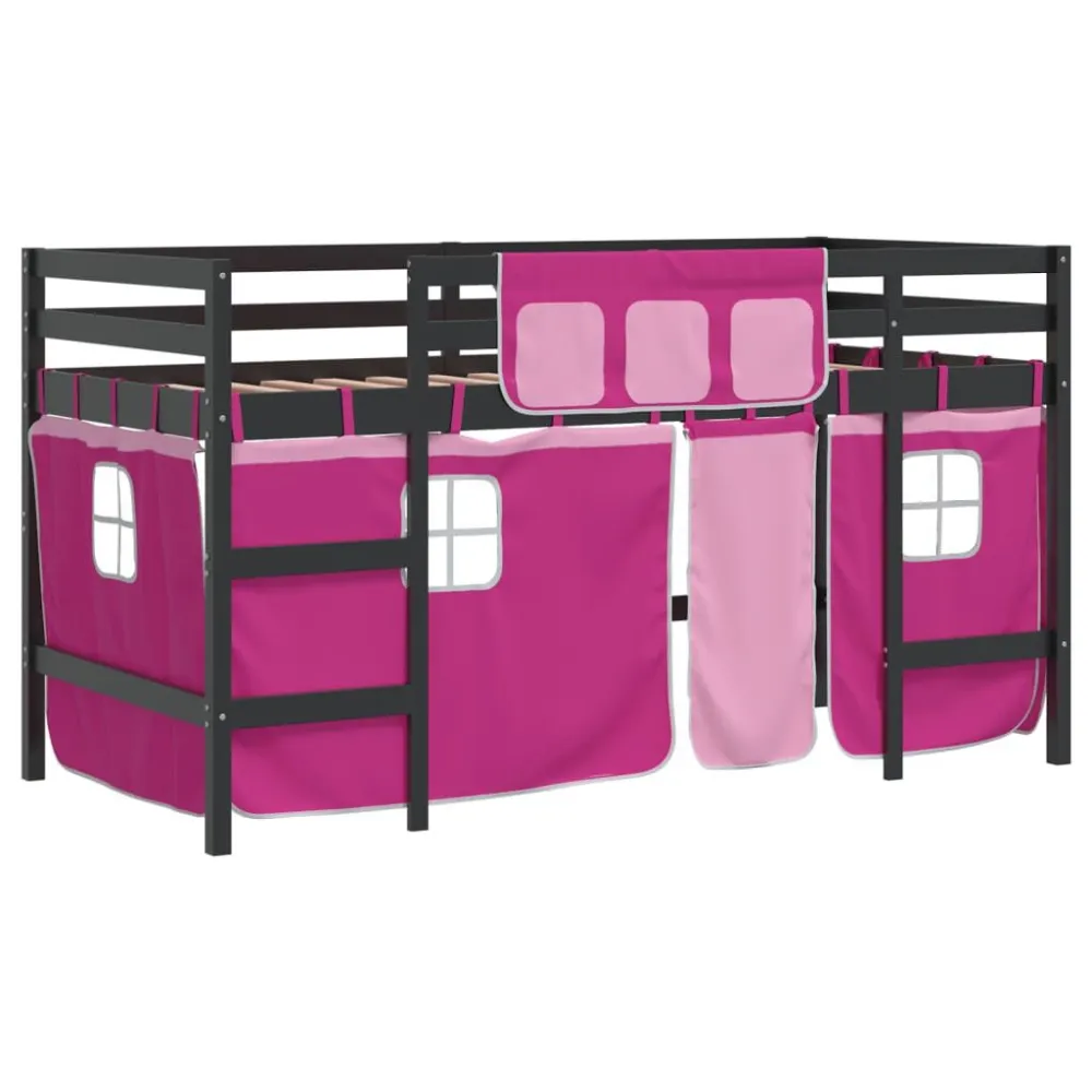 Kinderhoogslaper met gordijnen 80x200 cm grenenhout roze