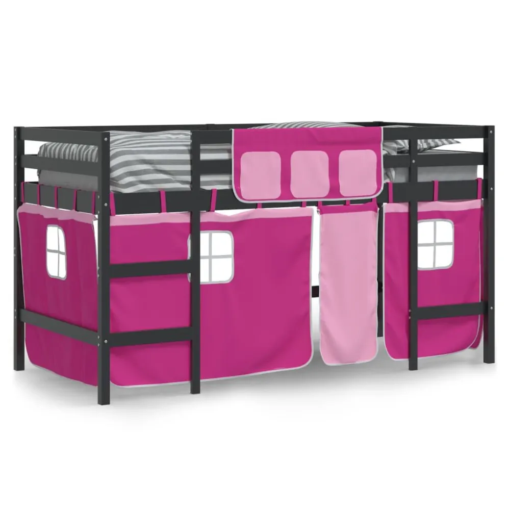 Kinderhoogslaper met gordijnen 80x200 cm grenenhout roze