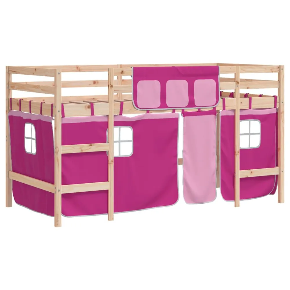Kinderhoogslaper met gordijnen 80x200 cm grenenhout roze