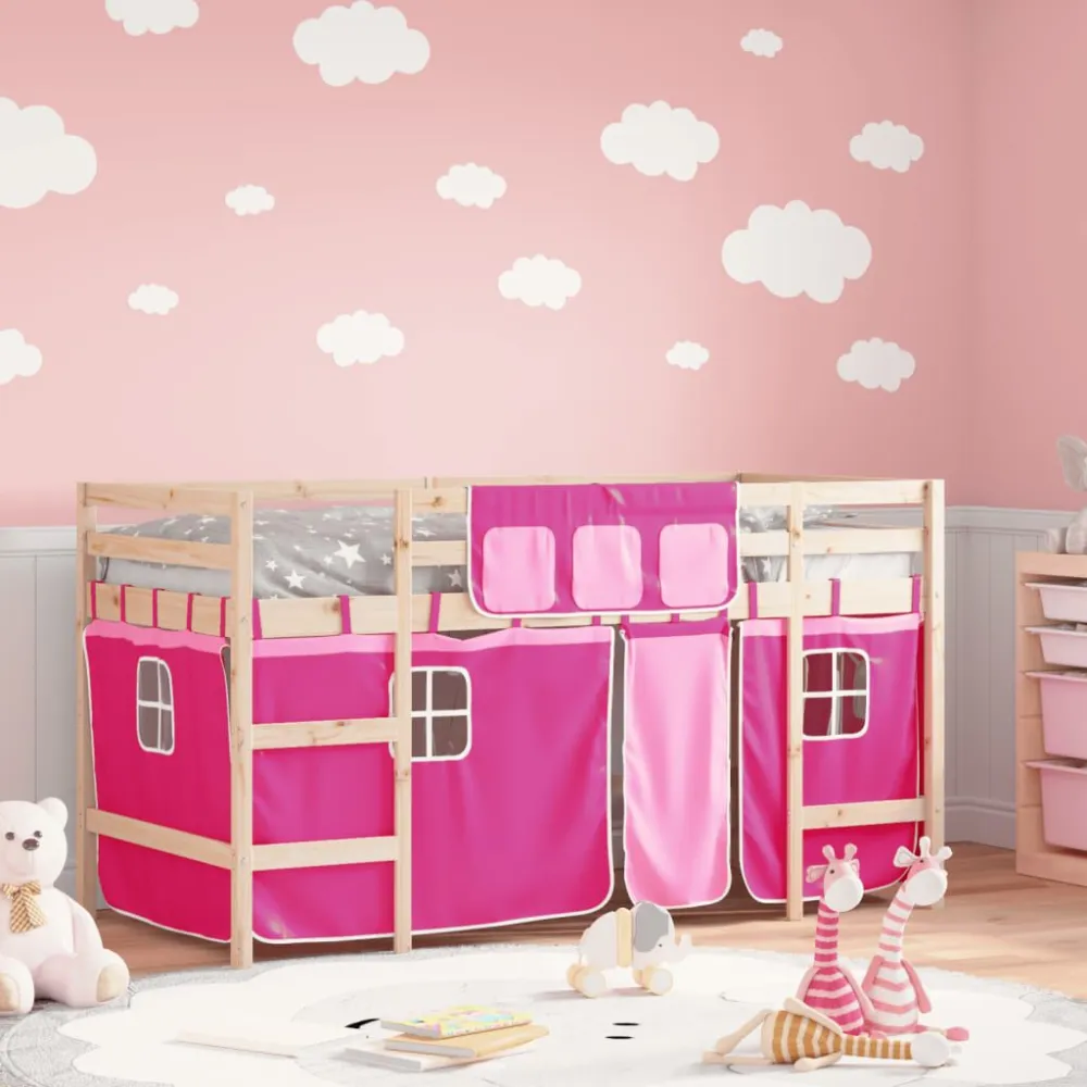 Kinderhoogslaper met gordijnen 80x200 cm grenenhout roze