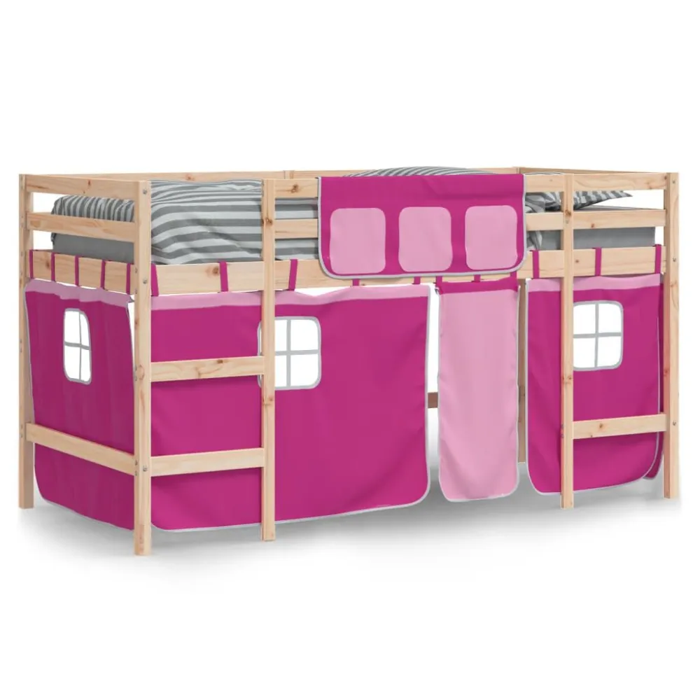 Kinderhoogslaper met gordijnen 80x200 cm grenenhout roze