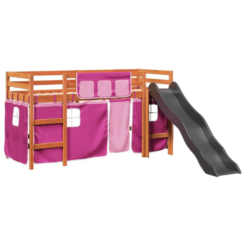 Kinderhoogslaper met gordijnen 80x200 cm grenenhout roze