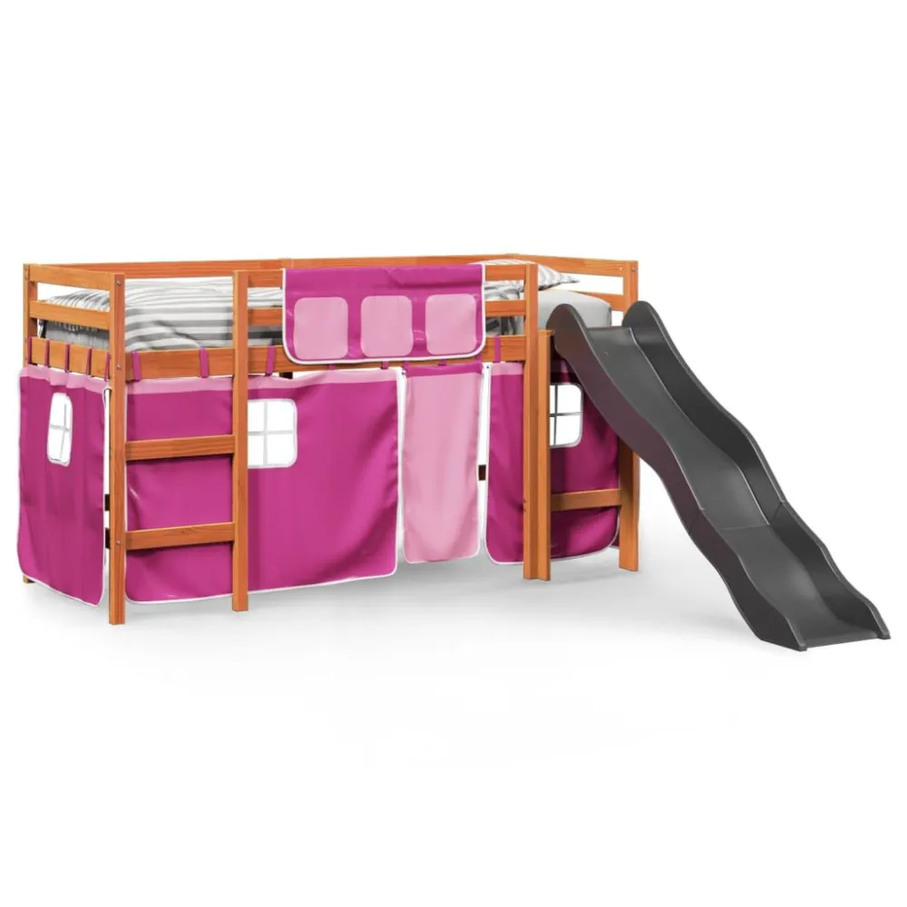 Kinderhoogslaper met gordijnen 80x200 cm grenenhout roze