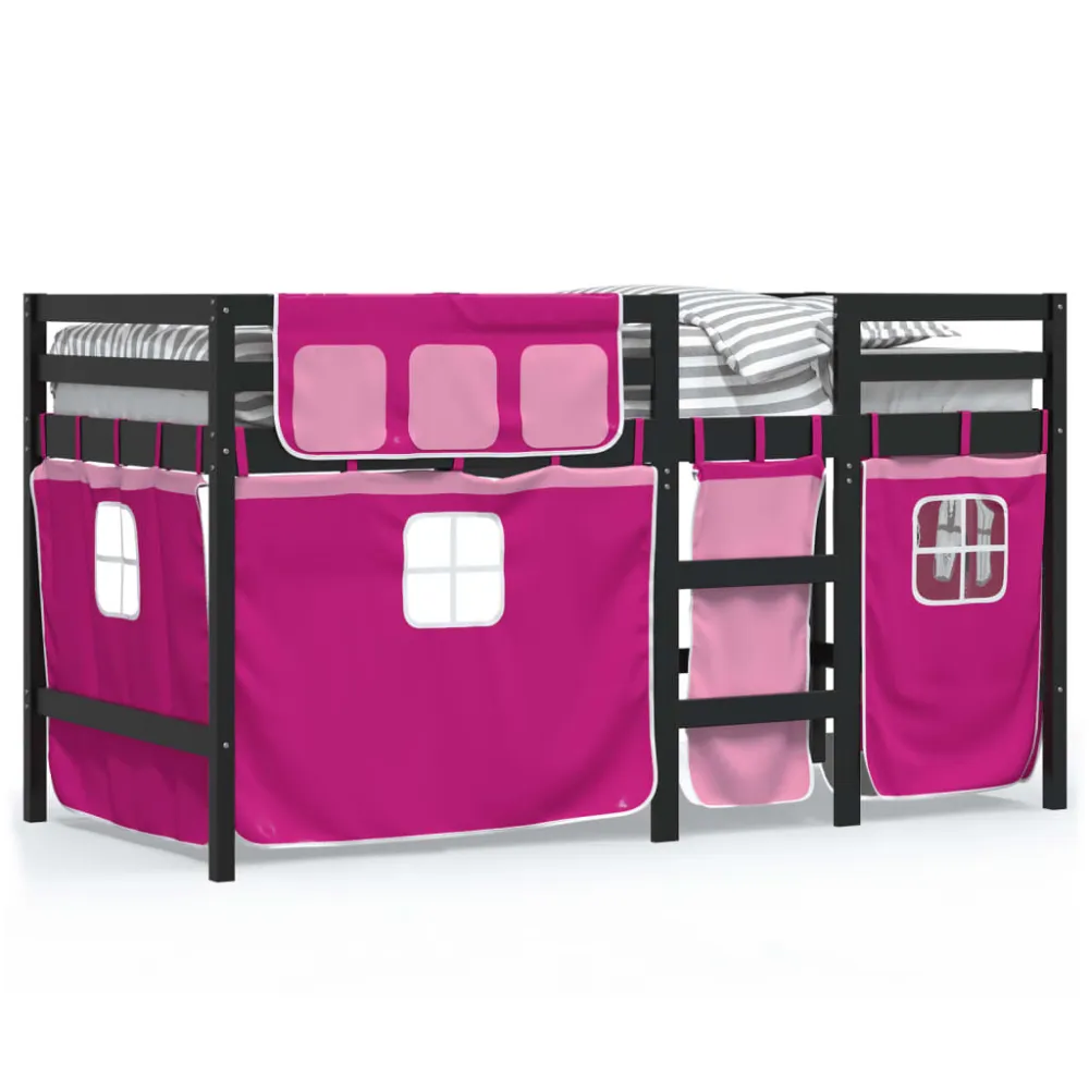 Kinderhoogslaper met gordijnen 80x200 cm grenenhout roze