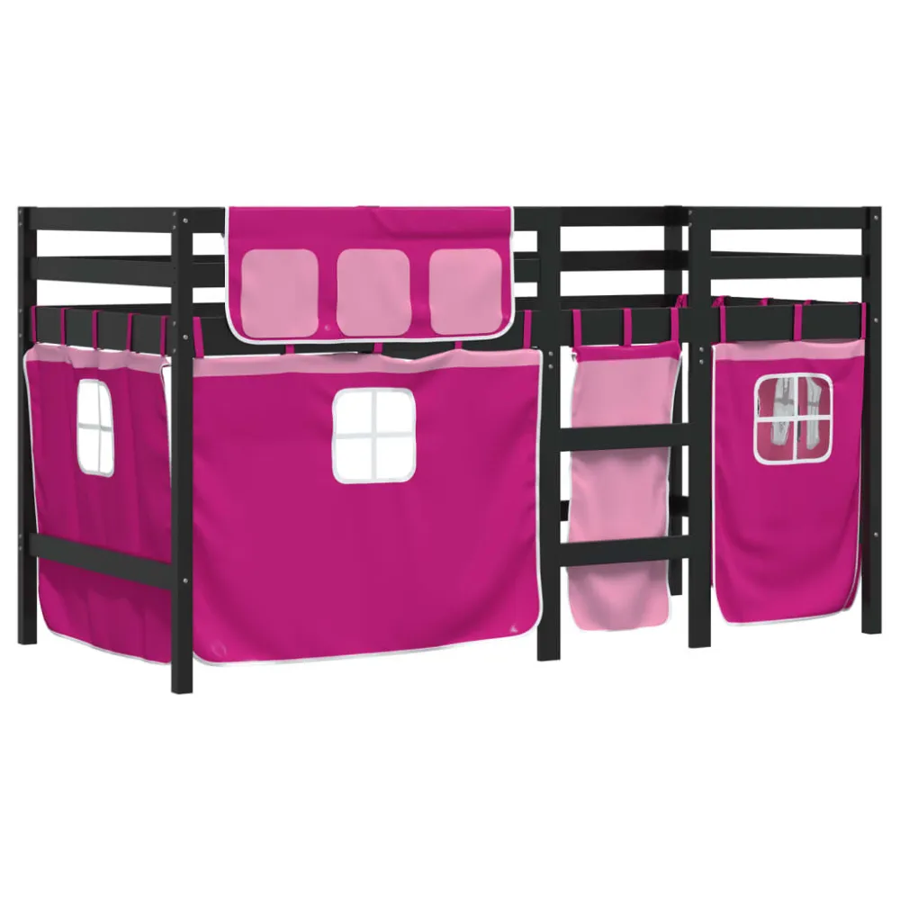 Kinderhoogslaper met gordijnen 80x200 cm grenenhout roze
