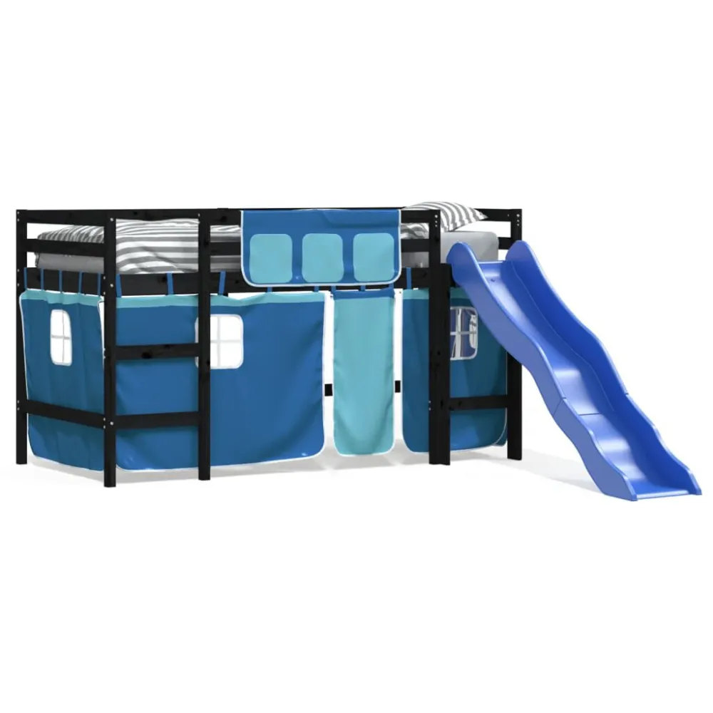 Kinderhoogslaper met gordijnen 90x190 cm grenenhout blauw