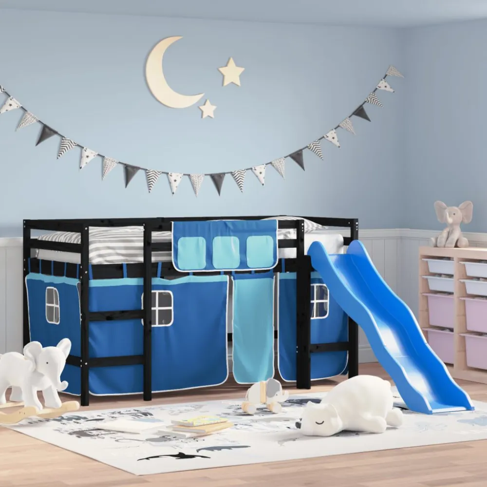 Kinderhoogslaper met gordijnen 90x190 cm grenenhout blauw