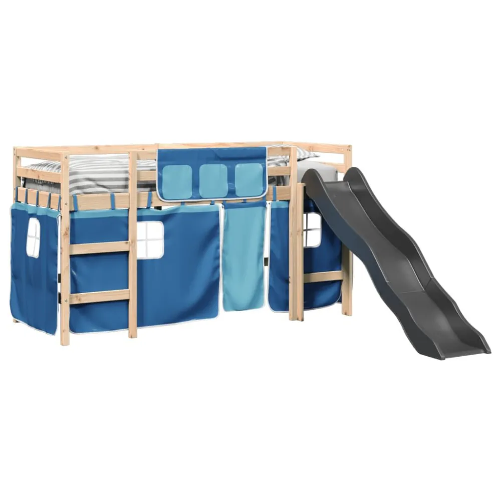 Kinderhoogslaper met gordijnen 90x190 cm grenenhout blauw