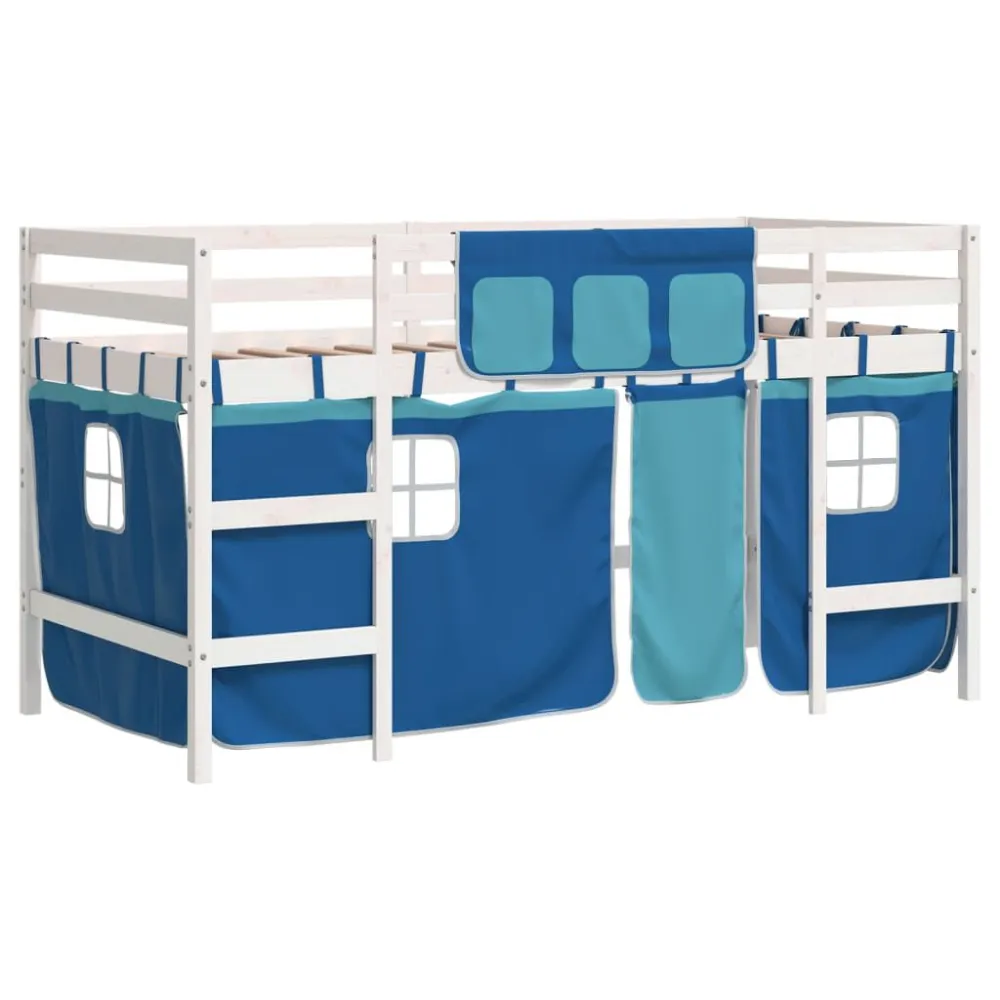 Kinderhoogslaper met gordijnen 90x190 cm grenenhout blauw