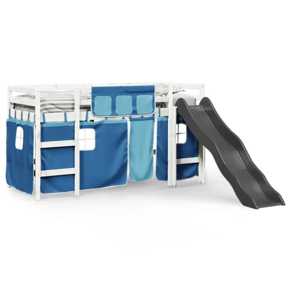 Kinderhoogslaper met gordijnen 90x190 cm grenenhout blauw