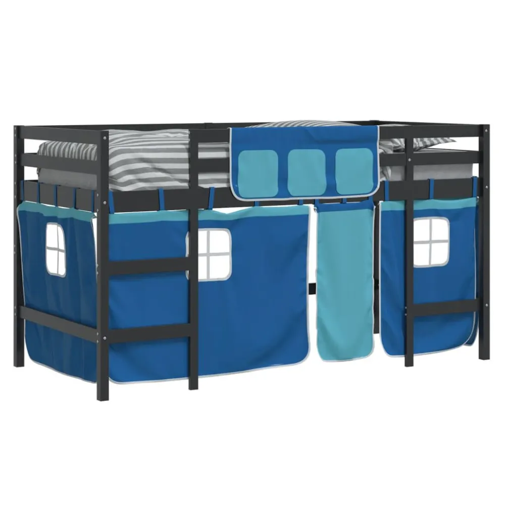 Kinderhoogslaper met gordijnen 90x190 cm grenenhout blauw