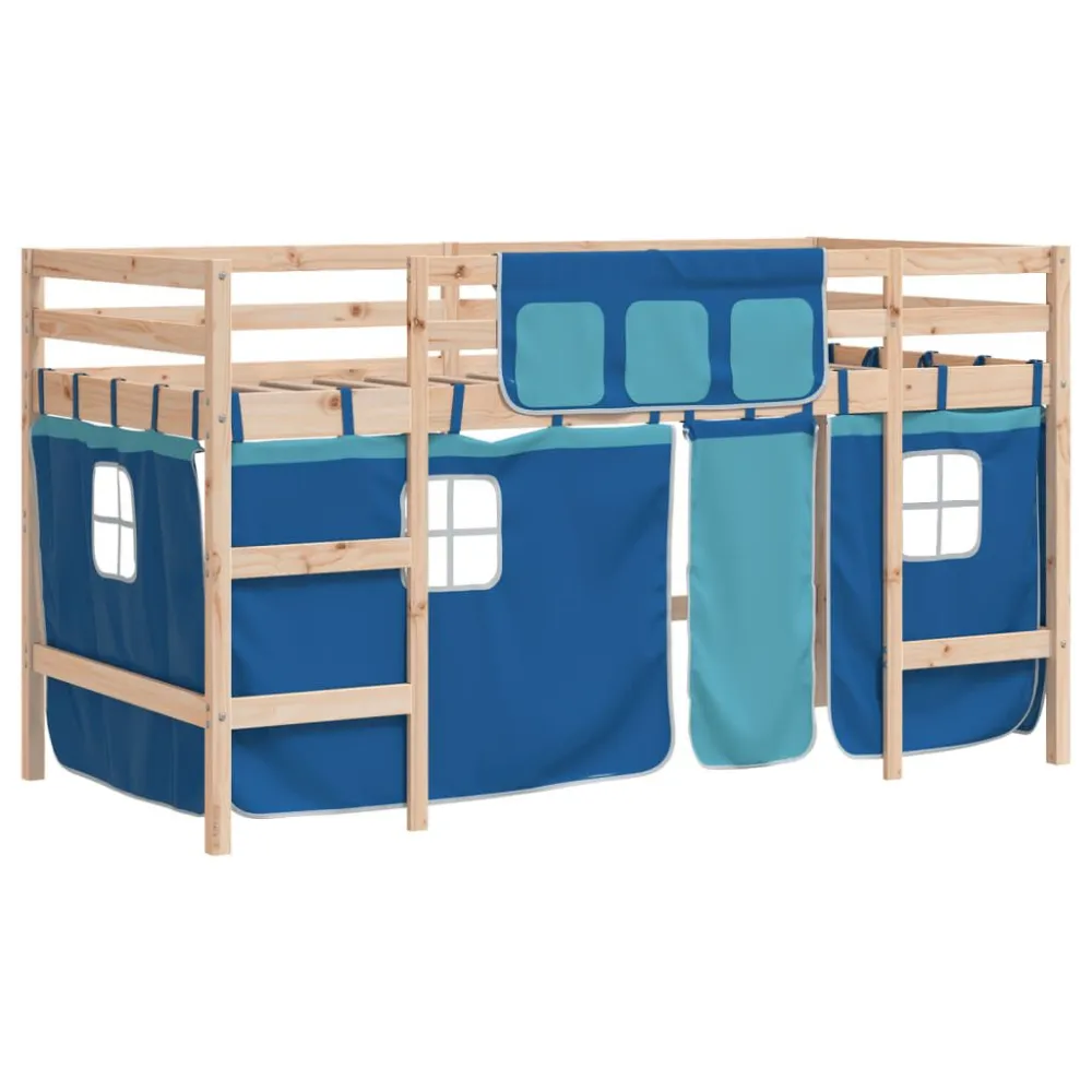 Kinderhoogslaper met gordijnen 90x190 cm grenenhout blauw