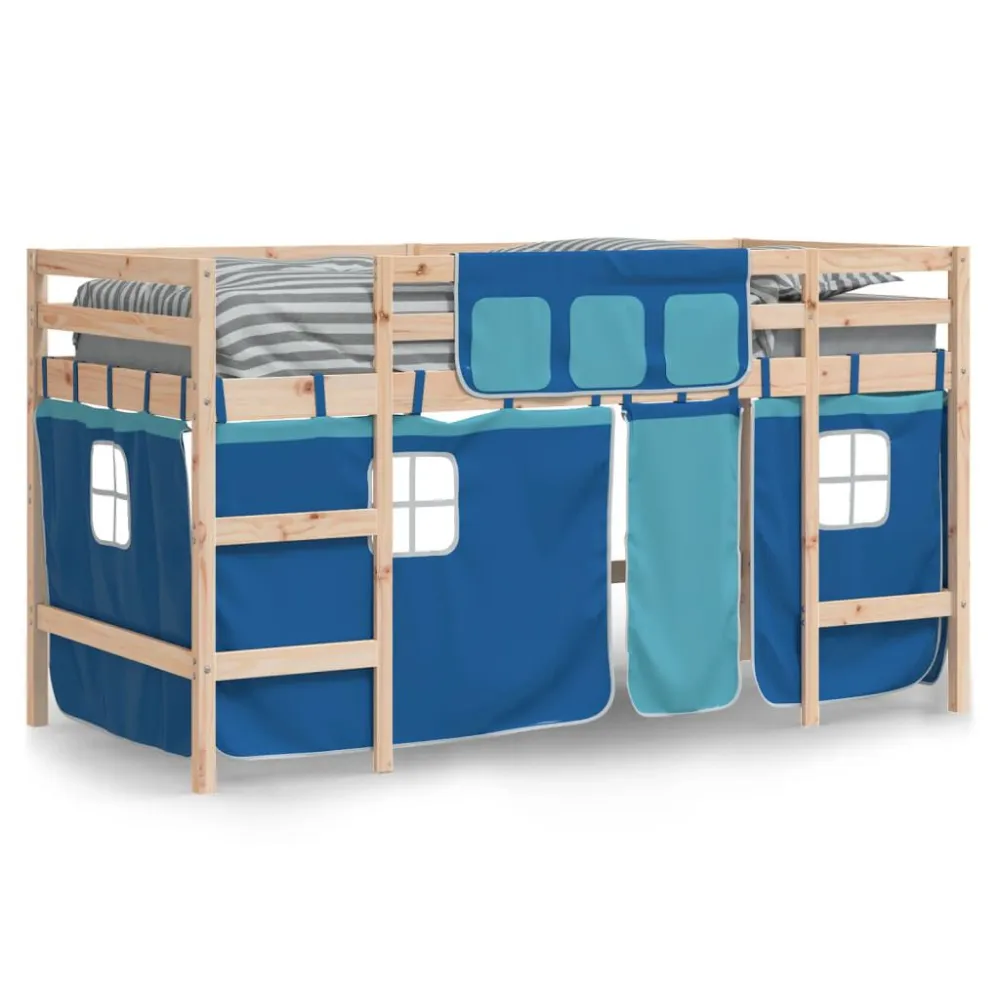 Kinderhoogslaper met gordijnen 90x190 cm grenenhout blauw