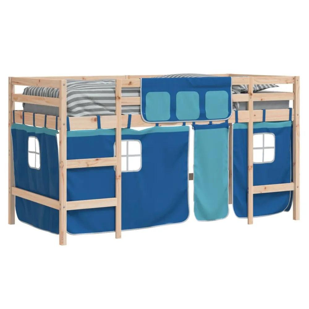Kinderhoogslaper met gordijnen 90x190 cm grenenhout blauw