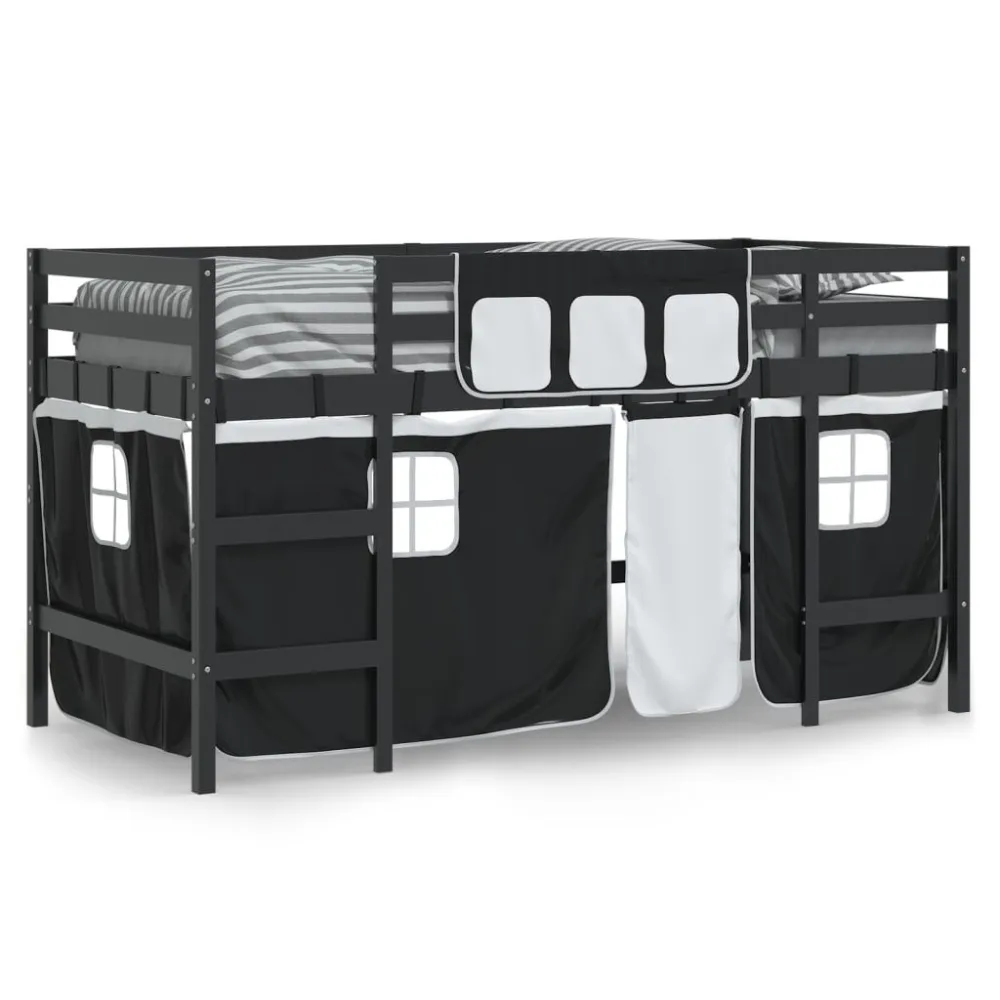 Kinderhoogslaper met gordijnen 90x190 cm grenenhout wit zwart